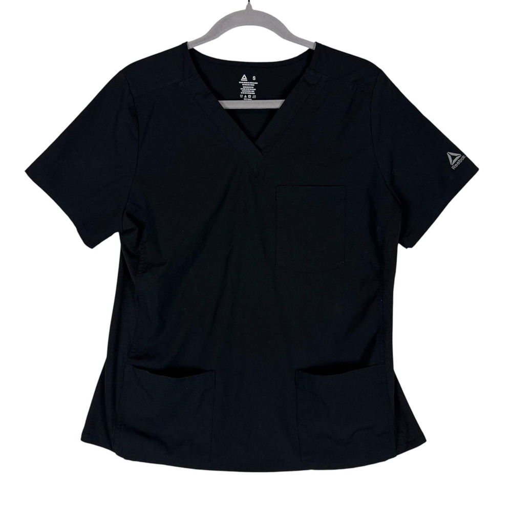 Reebok Scrub Top Womens Small Black V Neck Short Sleeve Pockets Stretch